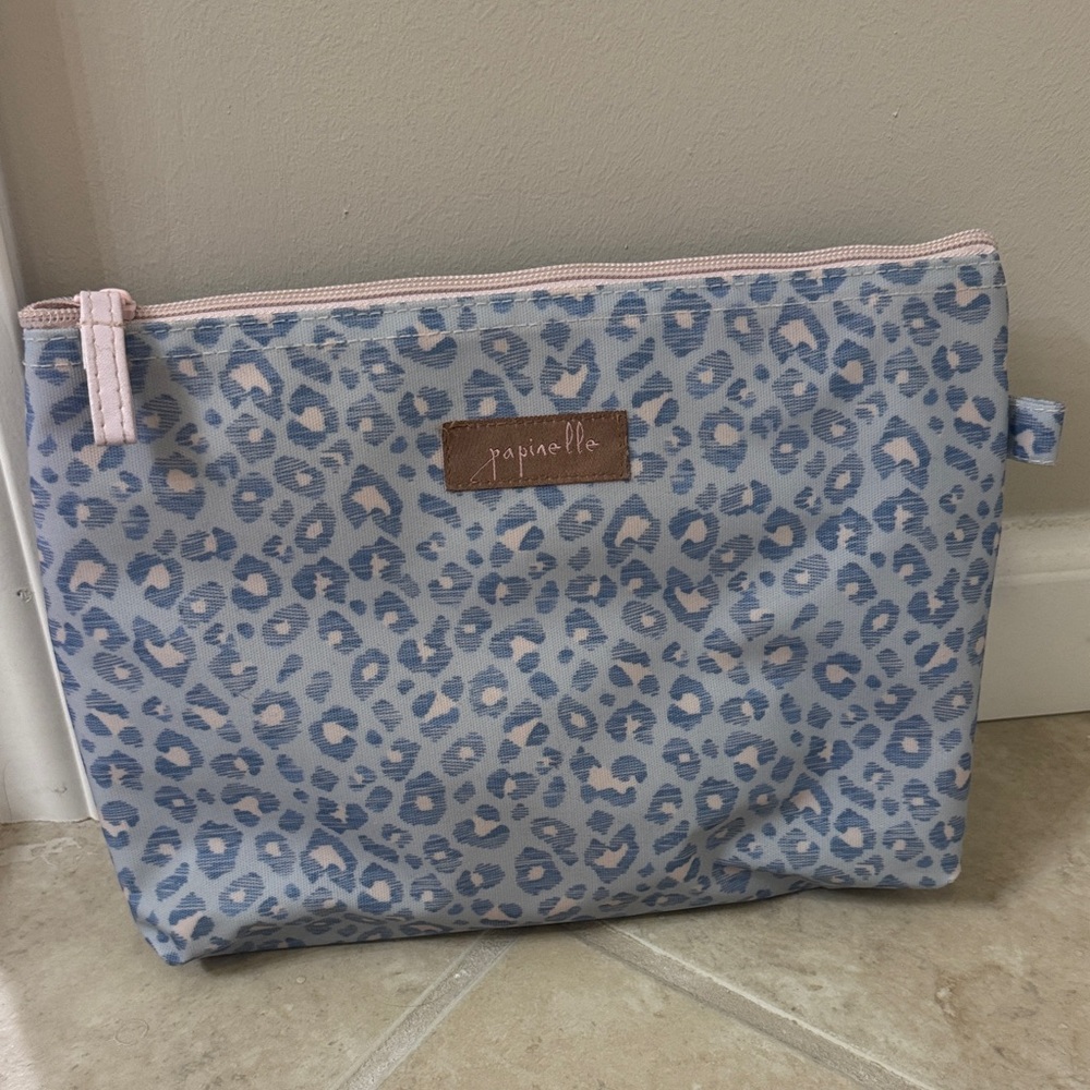 Papinelle Blue Leopard Print Makeup Bag - Light Blue & Pink Trim